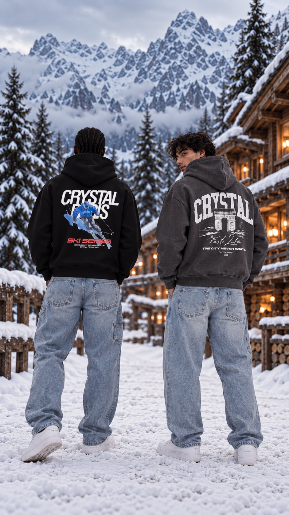 Crystal Paris Hoodies & Sweater – winterliches Streetwear-Shooting im Alpenchalet